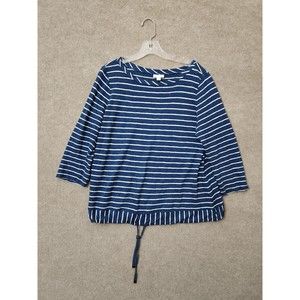 J Jill Linen Cotton Top Womens M Blue Striped 3/4 Sleeve Knit Lightweight